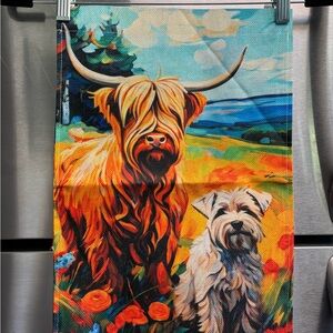 F8-2. Colorful Highland Cow and Dog Garden Flag